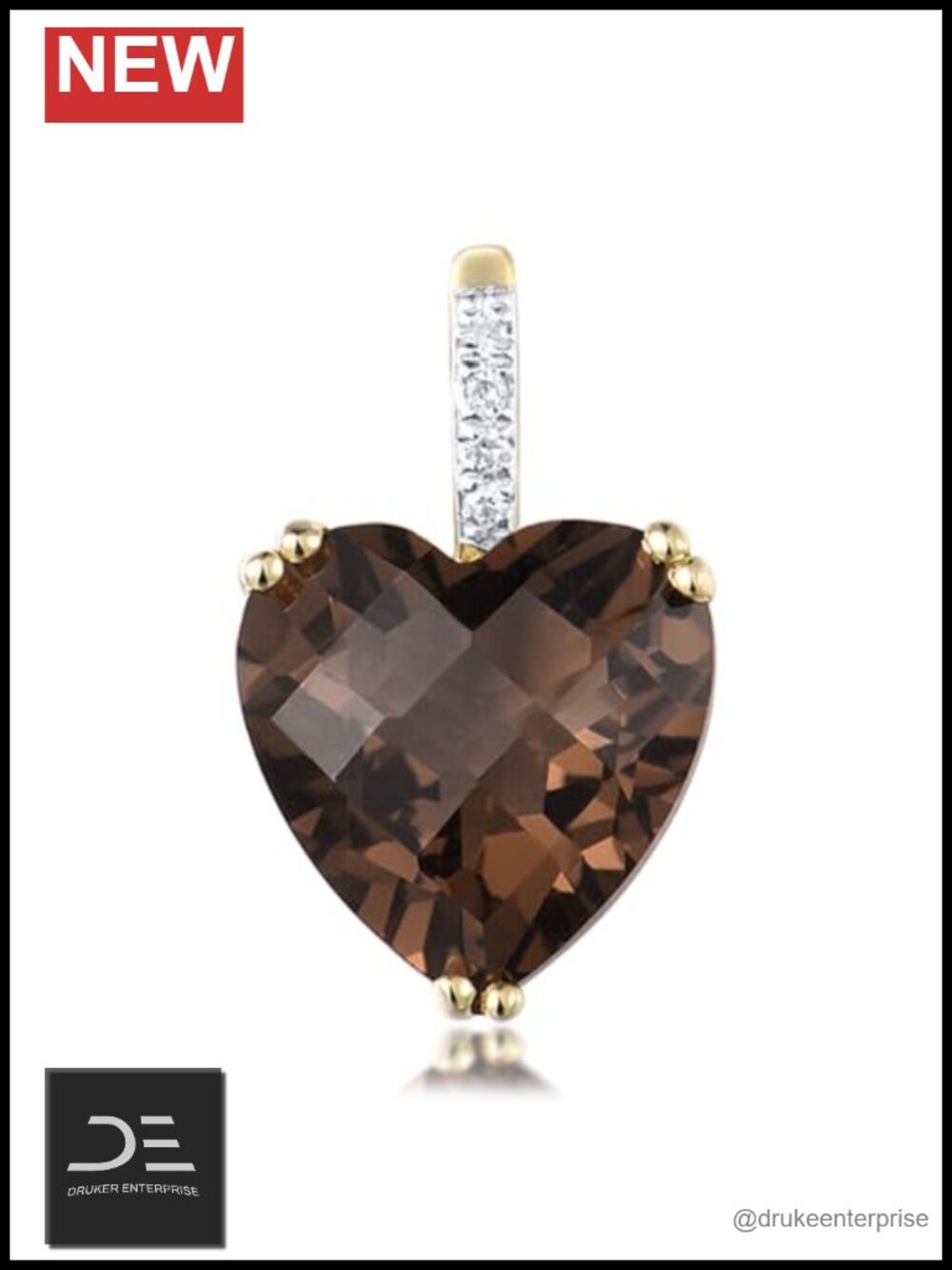 10K Solid Gold Smoky Quartz Heart Pendant with Genuine Diamond